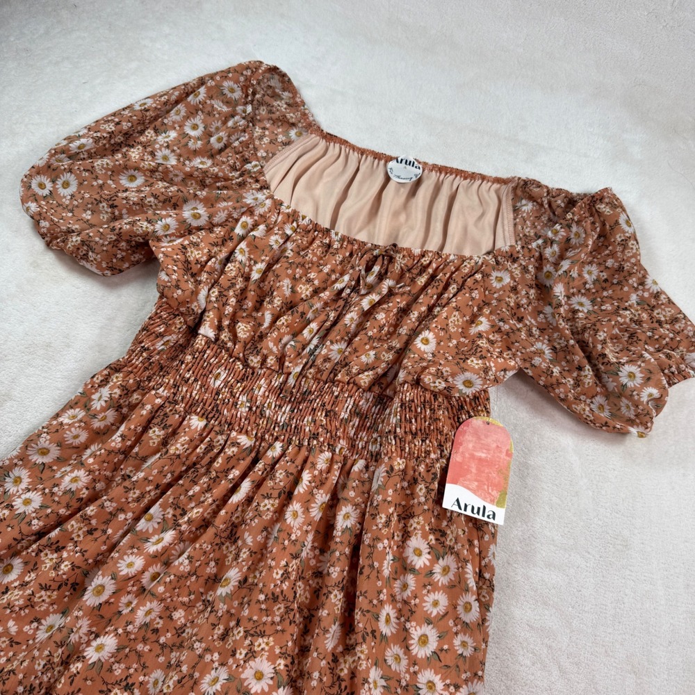 Arula Peach Daisy Floral Smocked Mini Dress Puff Sleeve 1X PDR97506-018 NWT